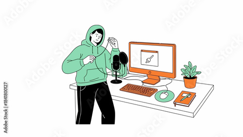 Illustration of a person setting up for recording or podcasting equipment setup