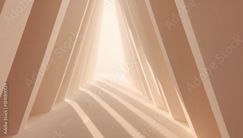 Linear Arrangement of Geometric Shapes with Gentle Light, Creating Abstract Tunnel.