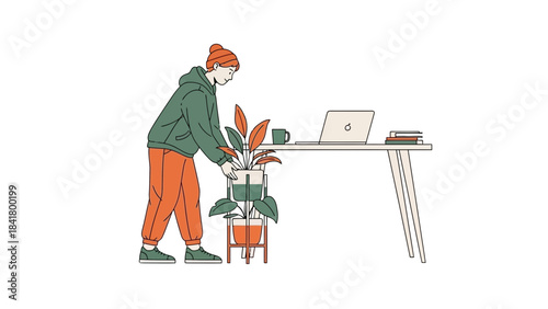 Illustration of a person with the plant on the desk and other work-related accessories
