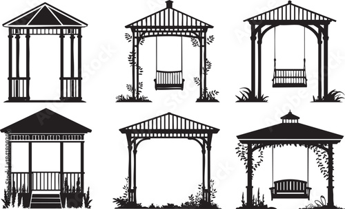 Collection of Gazebos and Swings in Garden Settings