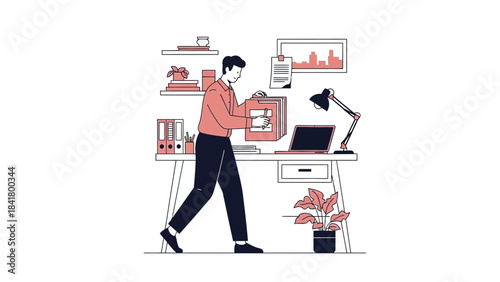 Illustration of a person working at an office desk, vector office design concept