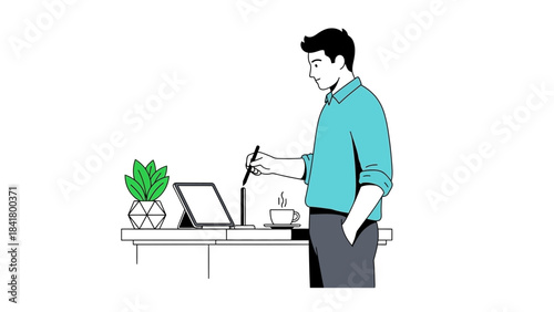 Illustration of a professional working on a tablet with coffee and a plant