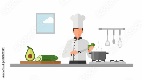 Chef cooking vegetables in kitchen flat design illustration