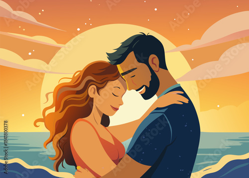 Romantic Couple Embracing on Sunset Beach at Golden Hour