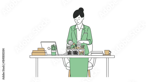 Illustration of a professional woman at her desk organizing stationary and working, office theme
