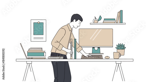 Illustration of a professional working on a computer at his desk with books around