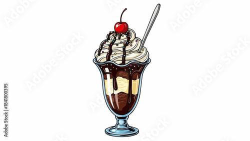 Delicious chocolate sundae with whipped cream and cherry in glass dish