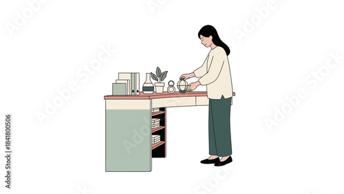Illustration of a woman at a desk with plants and decorations in a minimalist style