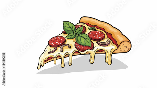 Delicious slice of pepperoni pizza with melted cheese and basil leaves