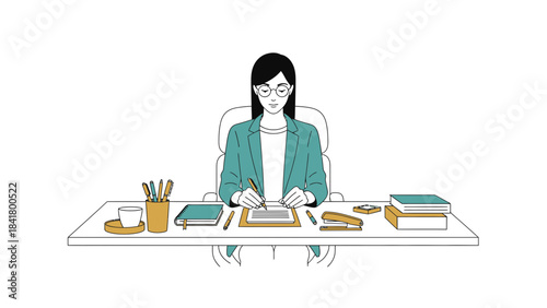 Illustration of a woman at a desk writing or working, simple line art style