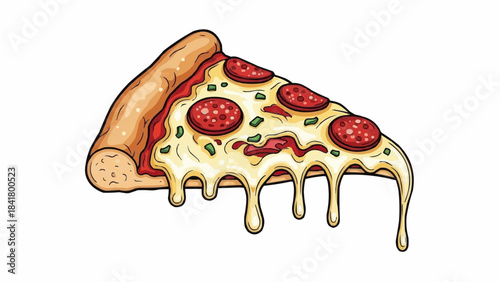 Delicious slice of pepperoni pizza with melting cheese drip illustration