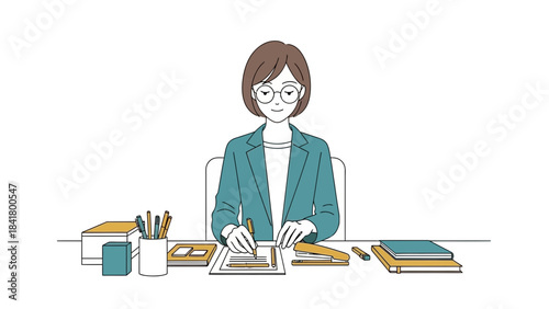 Illustration of a woman at a desk writing something, simple business style, drawing minimal