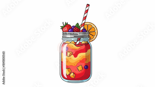 Hand drawn colorful fruit cocktail in a mason jar with straw and orange slice