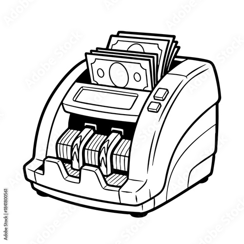 Professional money counting machine processing banknotes line art