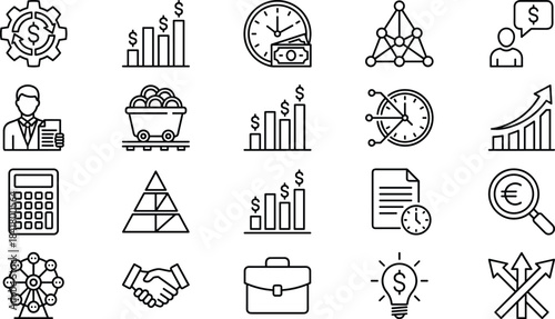 Business finance line icon set including growth charts money management analytics strategy investment planning outline symbols
