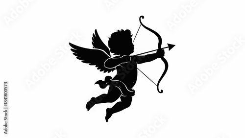 Black silhouette of cupid angel aiming bow and arrow for valentines day