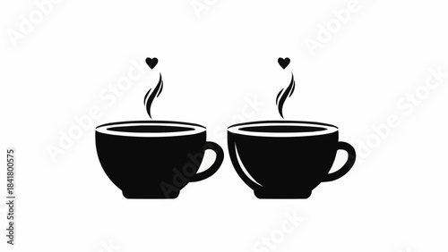 Two steaming coffee cups with hearts above, simple black silhouette