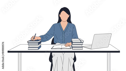 Illustration of a woman at a desk writing, with books and a laptop, flat design, white background