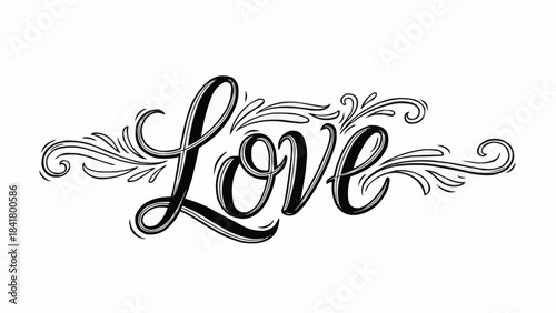 Handwritten calligraphy word love with swirls and flourishes