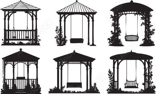 Collection of Gazebos with Swings in Garden Settings