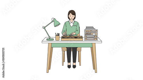 Illustration of a woman at a table working with small objects and office supplies