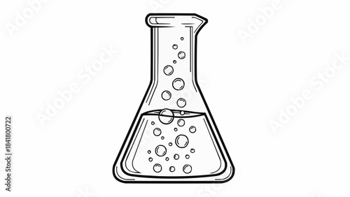 Hand drawn sketch of erlenmeyer flask with bubbling liquid, science concept