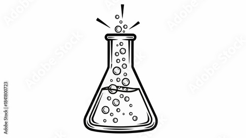 Hand drawn chemistry flask with bubbling liquid, science experiment icon