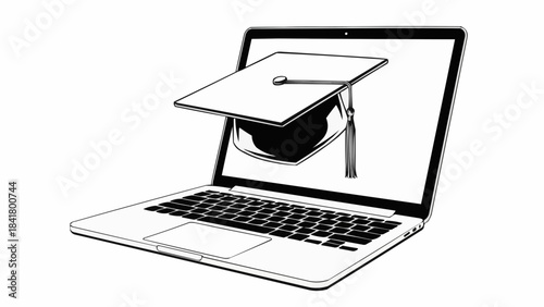 Online education graduation cap displayed on laptop screen black and white drawing