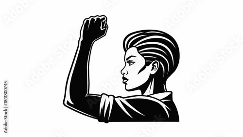 Woman raising clenched fist in solidarity and power, profile view, black and white illustration