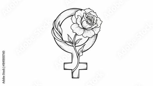 Feminism symbol venus with rose flower tattoo design black outline