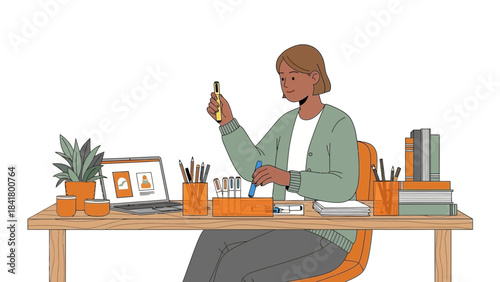 Illustration of a woman at her desk holding a pen and looking at the screen