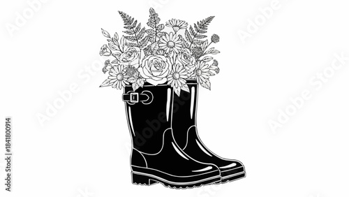 Black and white illustration of rain boots filled with flowers and ferns
