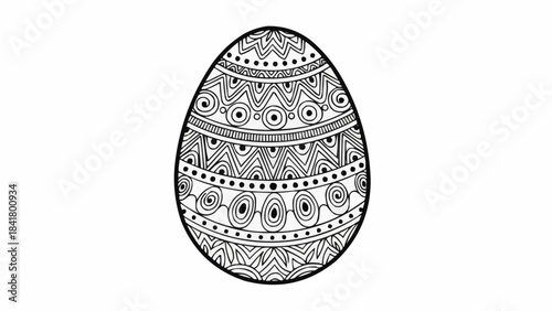 Black and white hand drawn easter egg with zentangle patterns coloring page
