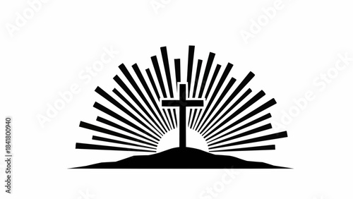 Christian cross silhouette rising over horizon with sunburst rays