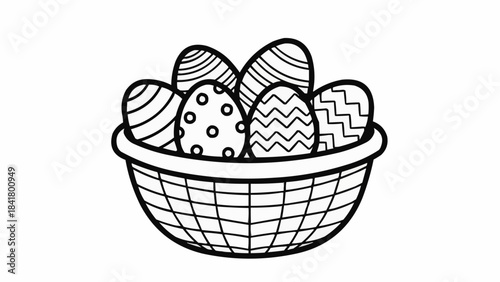 Black and white outline drawing of easter eggs in a wicker basket for coloring