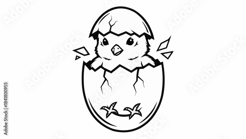 Cute baby chick hatching from cracked egg outline drawing for coloring book