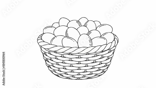 Basket full of eggs, black and white line drawing illustration