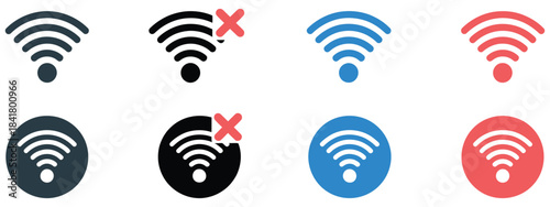 Wifi signal icons illustrating connection status, including active, inactive, and error variations, displayed in multiple  and formats, ideal for user interface design, network dashboards