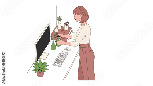 Illustration of a woman at her desk with plants and computer, workspace concept