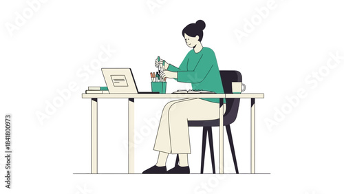 Illustration of a woman at her desk working and using a laptop with supplies