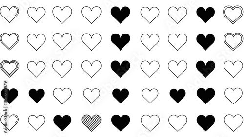 A grid of heart shapes, some filled in black, others outlined, with variations in thickness and shading.