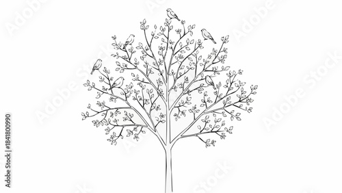 Sketch of a tree with birds perched on branches, hand drawn style