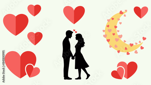 Eternal Affection: Silhouetted lovers stand embraced beneath a heart-filled moon and floating hearts, capturing the magic of enduring love.