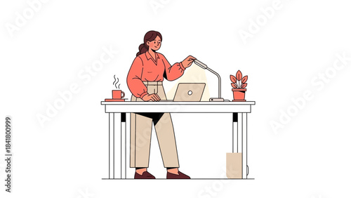 Illustration of a woman at her desk working with a laptop and a lamp