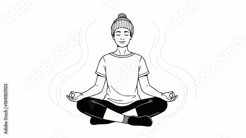 Person meditating in lotus position wearing a winter hat, black and white line art