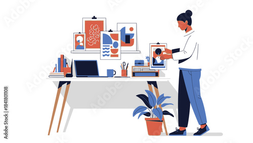 Illustration of a woman decorating her home office with artwork and plants design