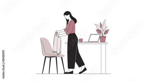 Illustration of a woman hanging a jacket on a chair with a laptop and plant