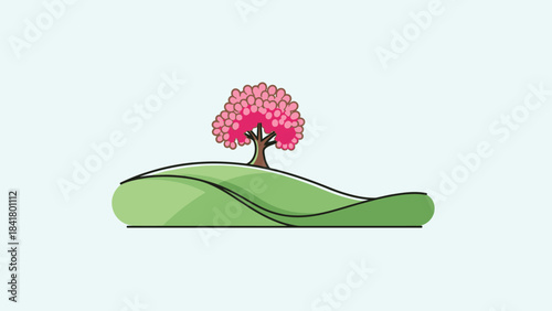 A stylized illustration of a single tree with pink blossoms on a green rolling hill under a clear sky.