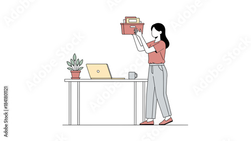 Illustration of a woman holding a box above a desk in an office environment.