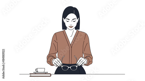 Illustration of a woman holding glasses with a coffee cup and books on a desk